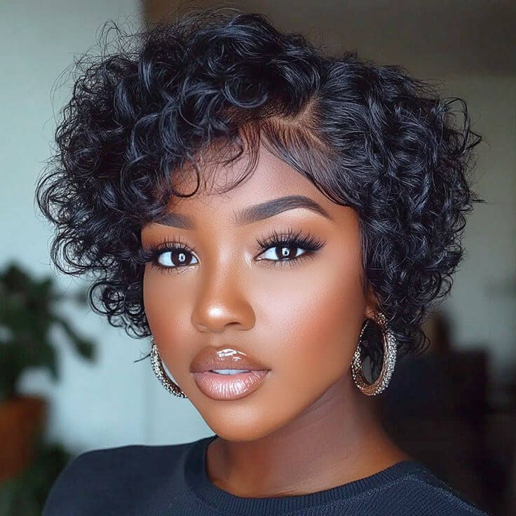 Short Curly Wig Pixie Cut Bob Wigs with Side Part Lace Front Wigs
