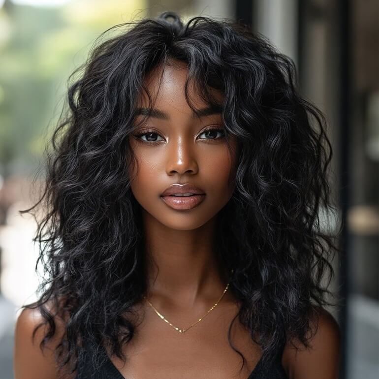 IDefinewig Glueless Beach Curly Wigs With Bangs Lace Front Human Hair Wigs