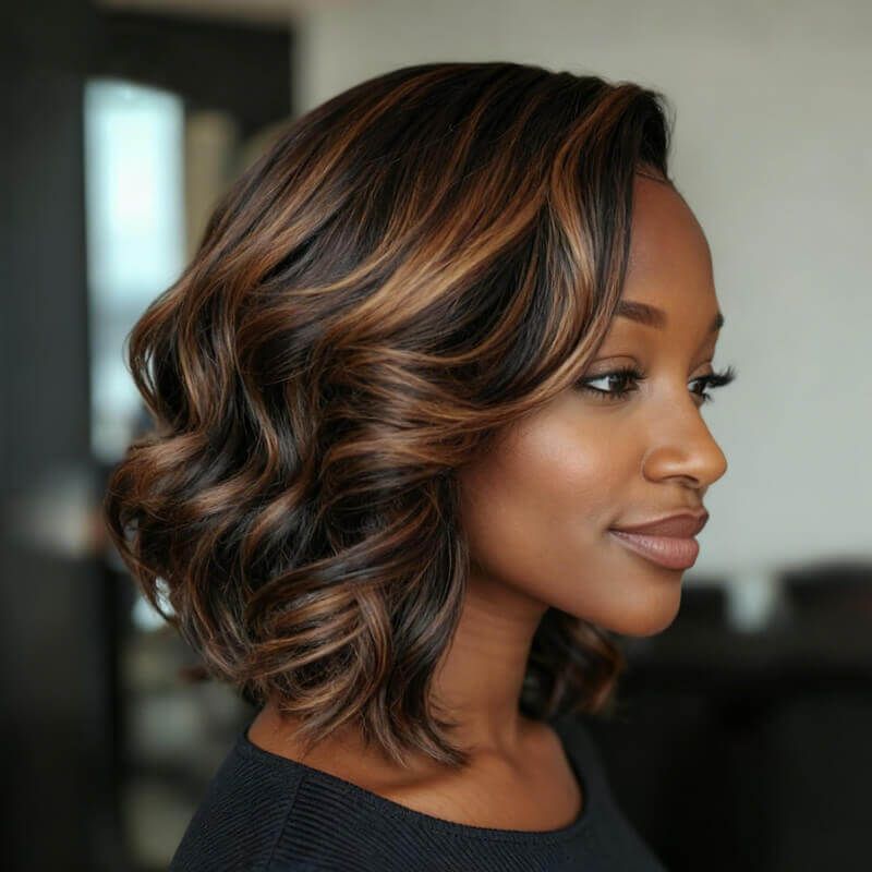 Wear and Go Wigs Brown Highlights Bob Wigs with Side Part Pre Cut Lace Wigs