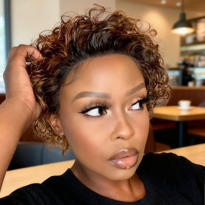 Wear and Go Wigs Short Pixie Cut Curly Wigs Ombre Pre Cut Lace Wigs