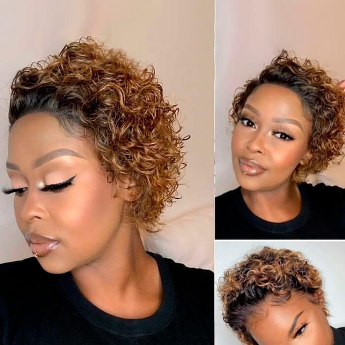 Wear and Go Wigs Short Pixie Cut Curly Wigs Ombre Pre Cut Lace Wigs